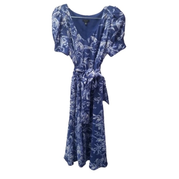 Talbots Blue Floral Etched Toile Smocked Fit and  Flare Dress 2 - Picture 2 of 10